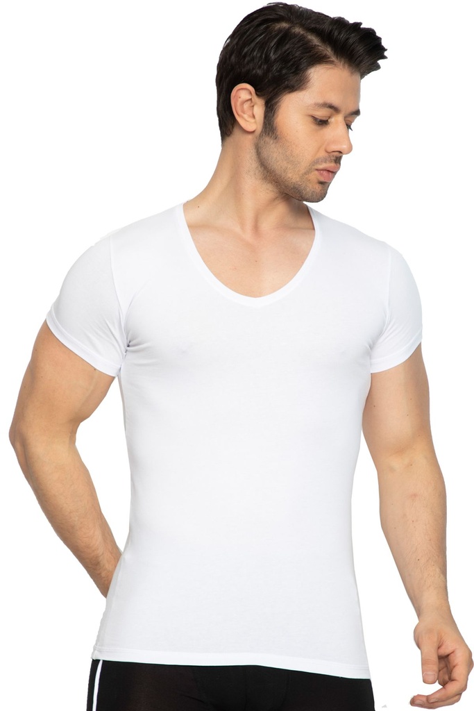 Men's V-Neck T-shirt, Cotton-Elastane Blend - 3177